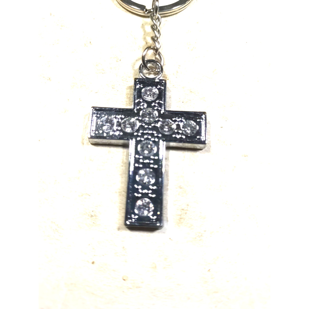 Cross Keychain Silver Tone Rhinestone Religious - Picture 3 of 5